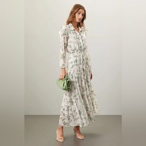MISA ahreana green floral shirt dress maxi long sleeve white layered ruffle